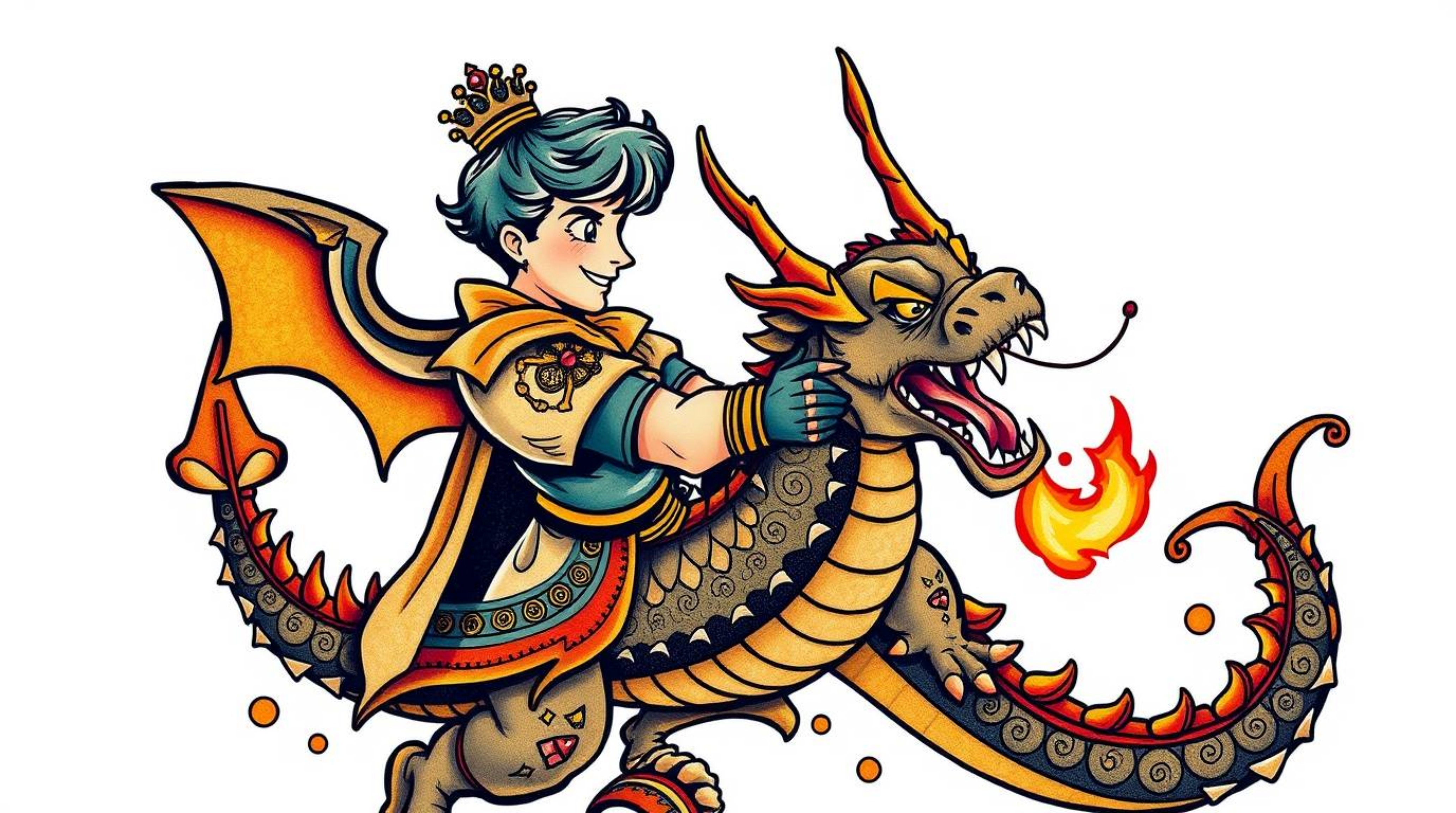 A captivating retro-style tattoo art print depicts a charming prince battling a fierce dragon.  Rendered in vibrant colors wi