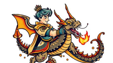 A captivating retro-style tattoo art print depicts a charming prince battling a fierce dragon.  Rendered in vibrant colors wi