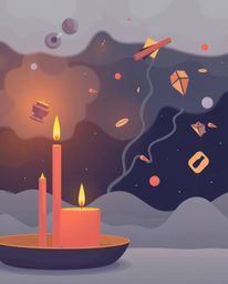 Experience the surreal blend of warm candle lights illuminating a modern flat design juxtaposed with a chaotic storm featurin