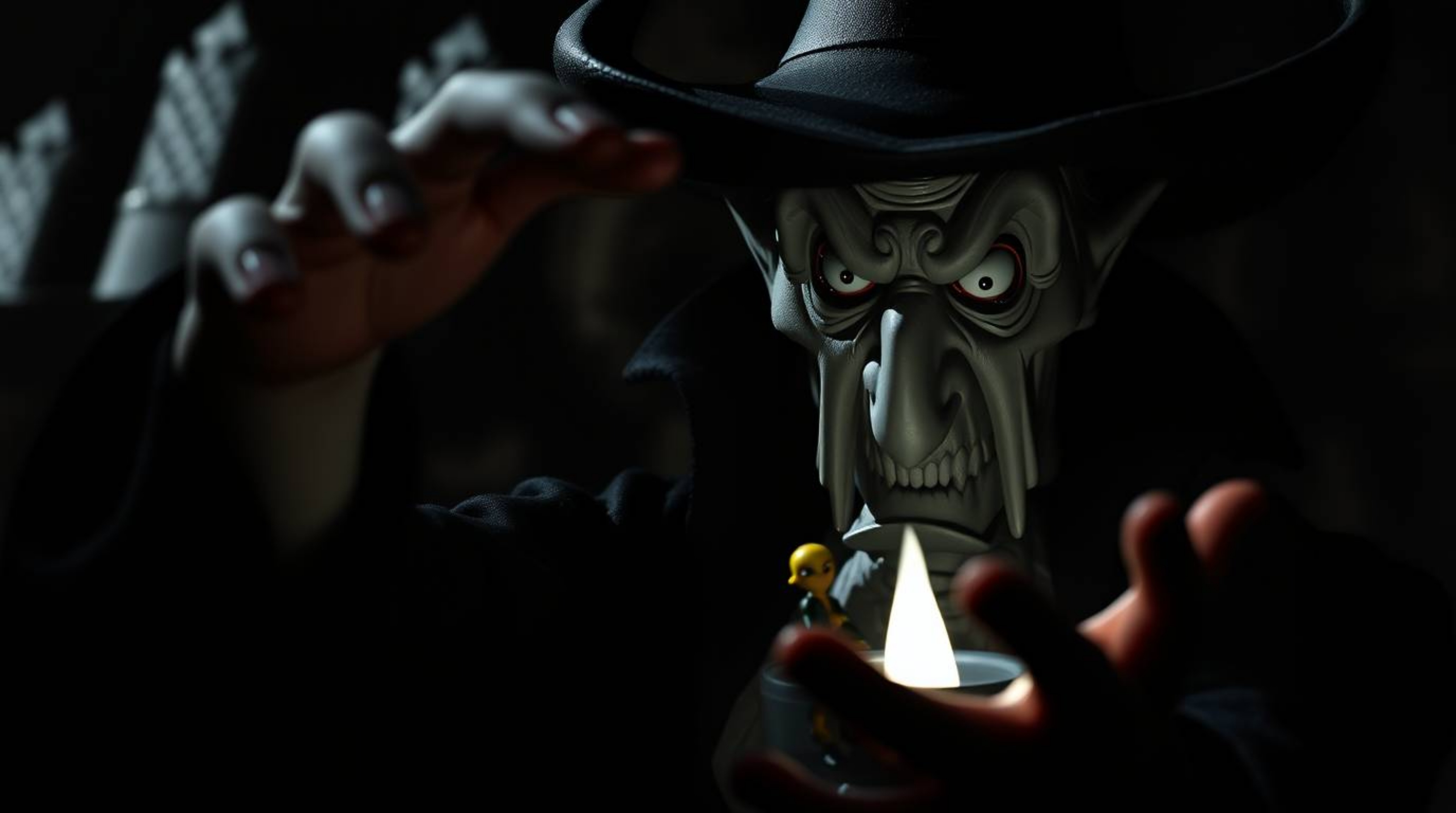 An extreme close-up macro shot reveals a classic Disney villain casting a spell within the shadowy confines of an ancient cas
