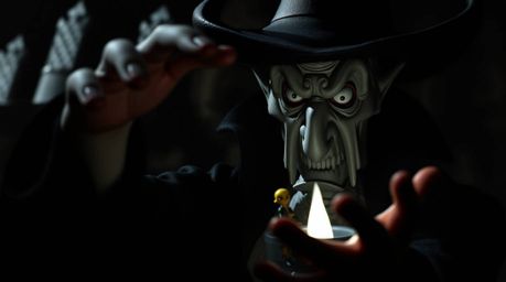 An extreme close-up macro shot reveals a classic Disney villain casting a spell within the shadowy confines of an ancient cas