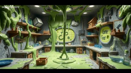 Explore a bizarre, slime-covered science lab meticulously crafted from layered papier-mâché. This high-angle perspective show