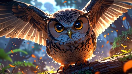 In a profoundly serene and touching scene, beautifully rendered in a blend of Pixar and anime styles, a wise blind owl mentor
