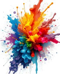 This dynamic digital sketch captures a vibrant explosion of colorful paint splashes on a crisp white canvas, rendered in stun