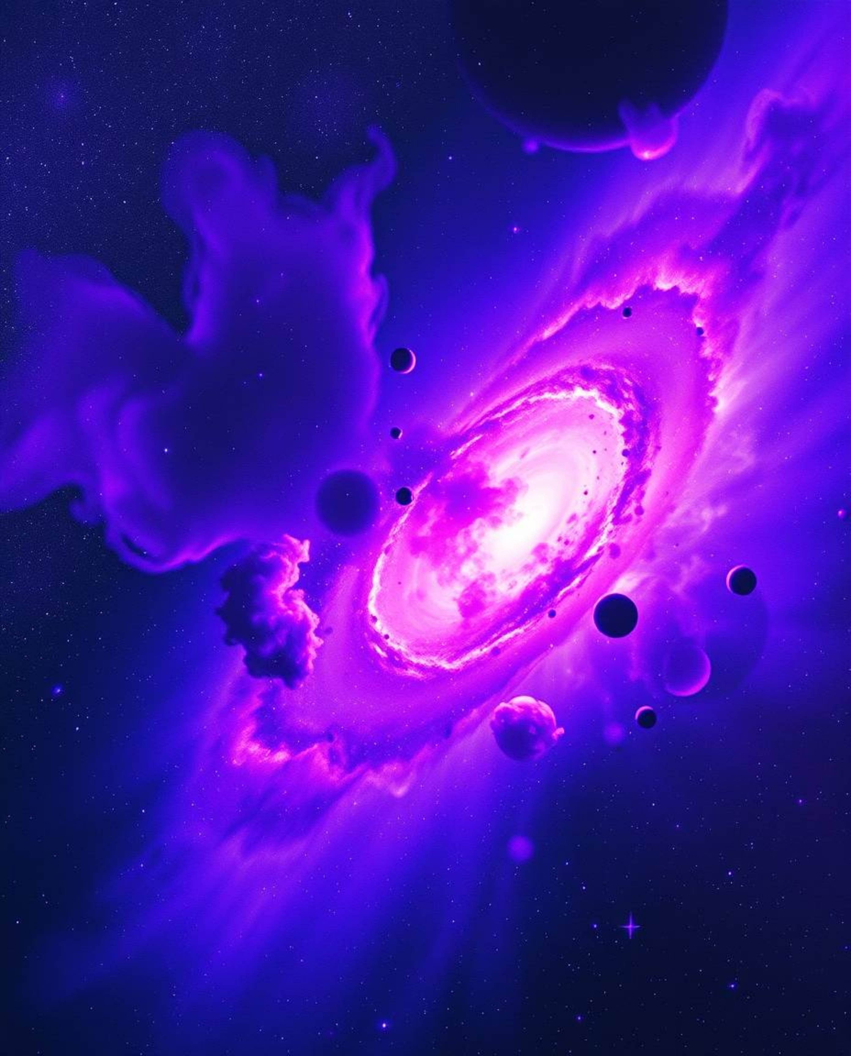 Witness the breathtaking beauty of colliding galaxies rendered in deep ultraviolet hues. Vivid purples and high contrast crea