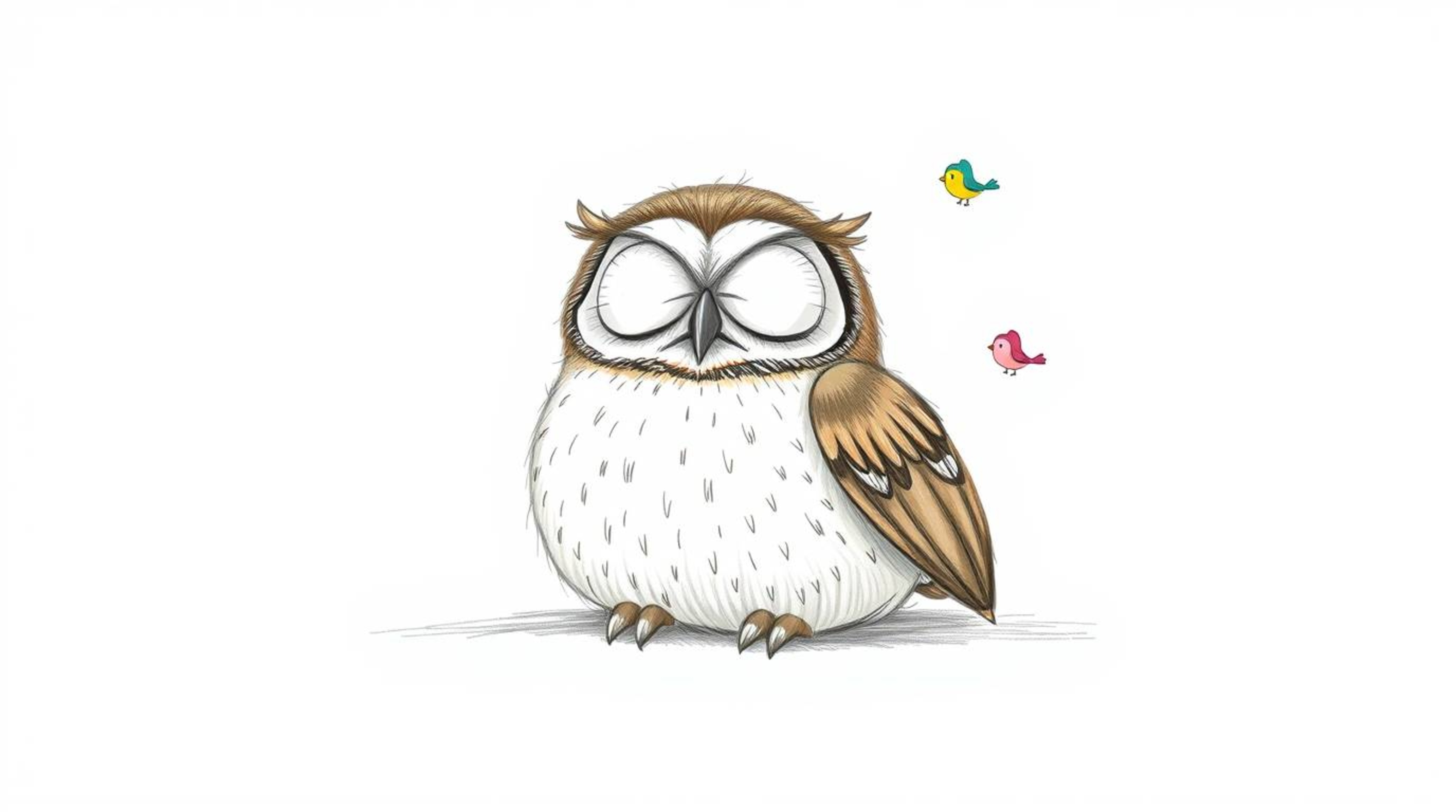 A heartwarming scene depicts a blind owl, rendered in a charming, hand-drawn sketch reminiscent of Pixar animation. The owl r