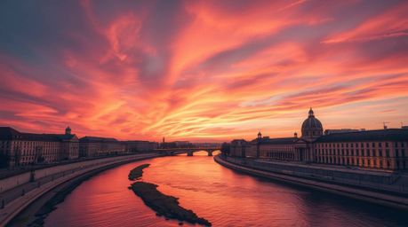 This image captures a winding river bathed in the warm glow of a dramatic orange-pink sky.  The architectural precision of th
