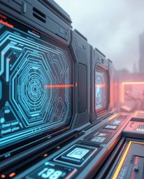 A cinematic photograph showcasing a futuristic digital interface with precise architectural details and geometric patterns, e