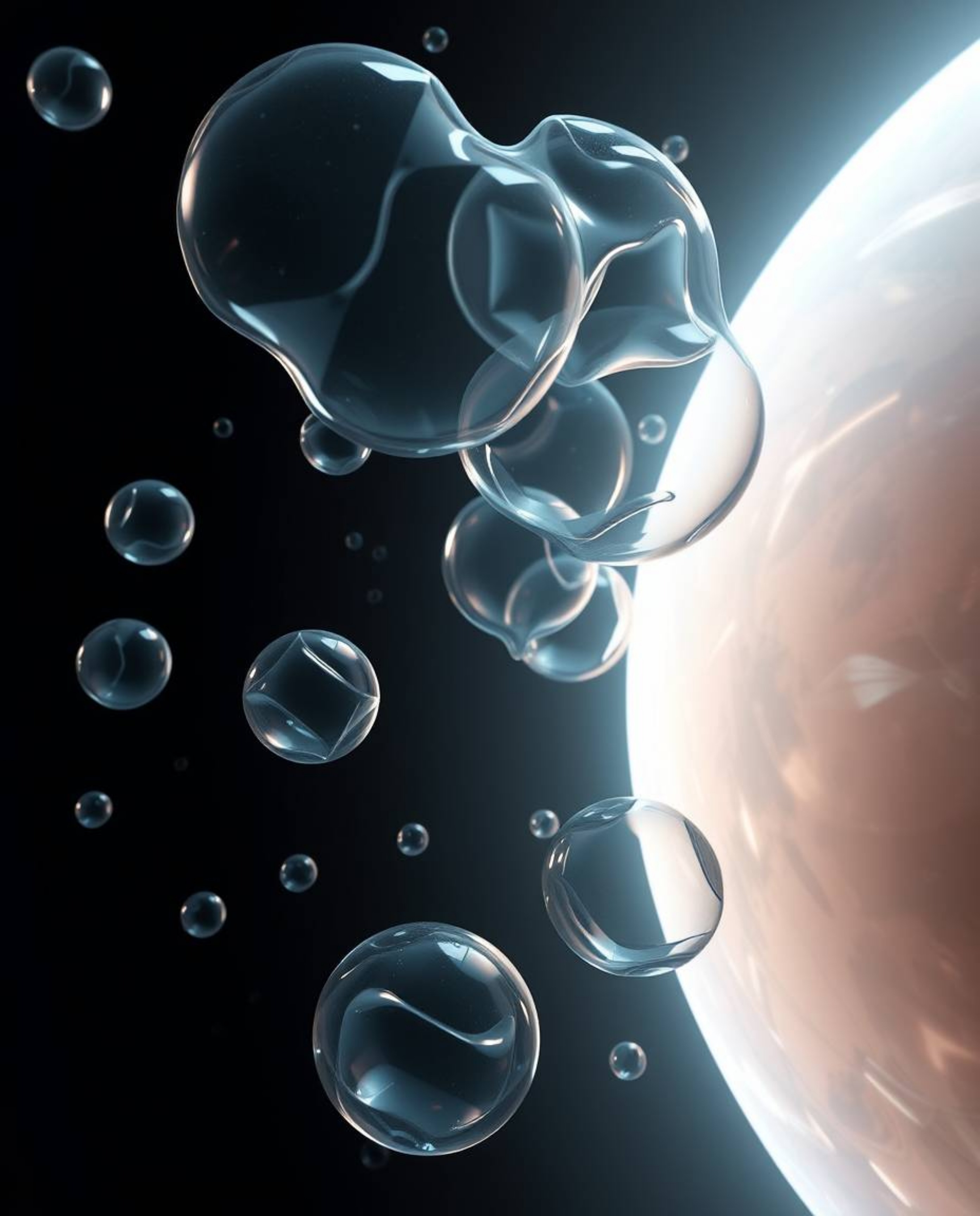 Explore a mesmerizing futuristic sci-fi 3D render featuring translucent, fluid organic blobs gracefully floating in the vastn