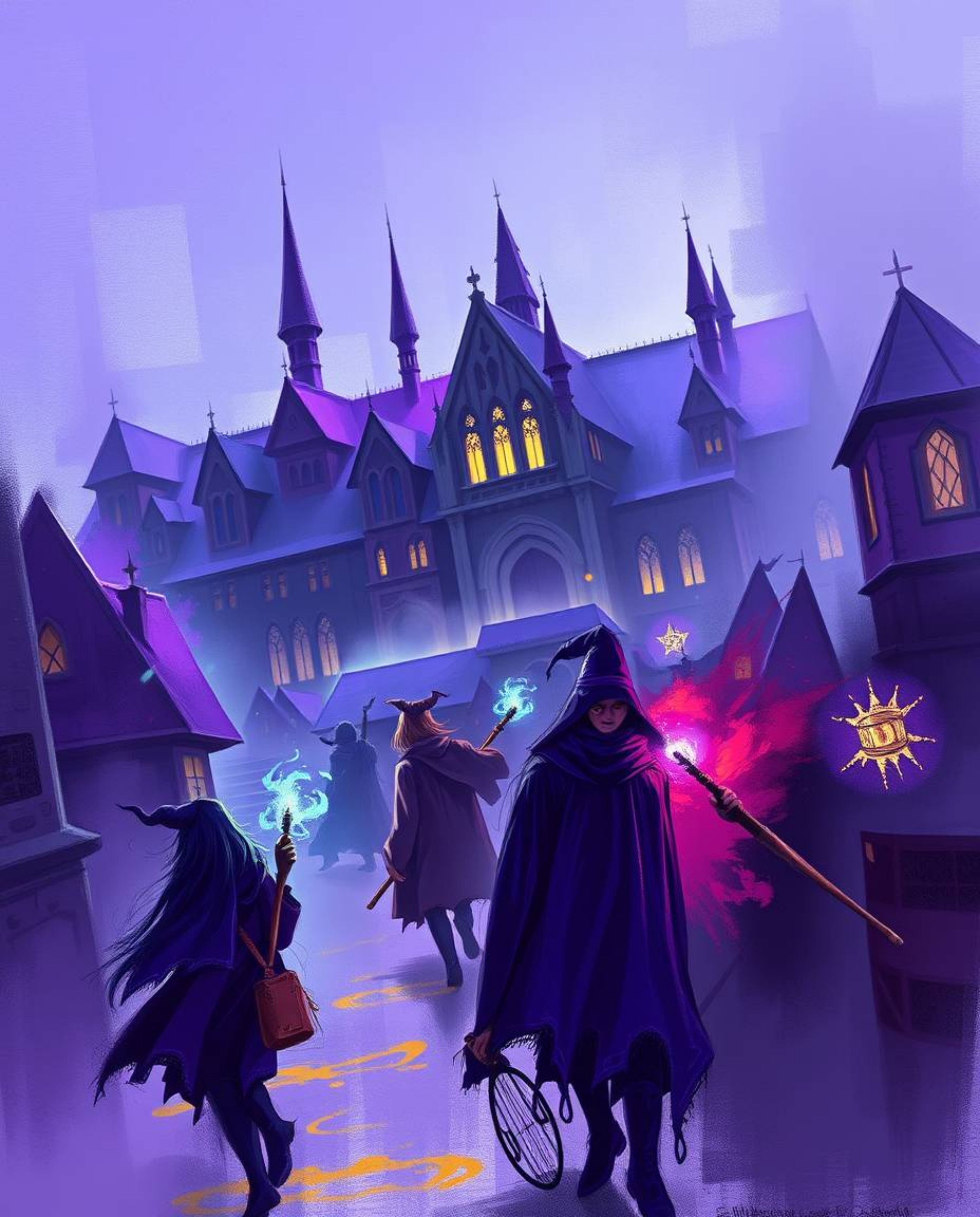 Explore a dynamic digital sketch showcasing a magical school teeming with young wizards, rendered in captivating deep ultravi