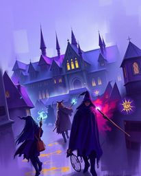 Explore a dynamic digital sketch showcasing a magical school teeming with young wizards, rendered in captivating deep ultravi