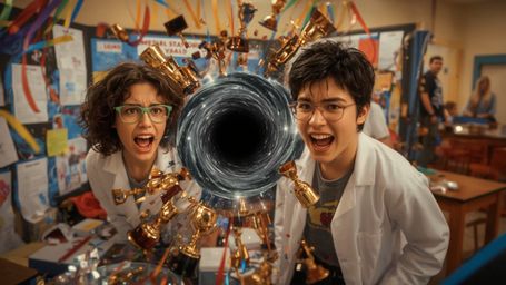In a vibrant, cinematic photograph with a stylized, Pixar-inspired aesthetic, a dynamic duo of diverse students watches in sh