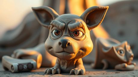 Discover stunning sculptural clay art featuring a sarcastic animal sidekick with expressive eyes.  Bathed in warm golden hour