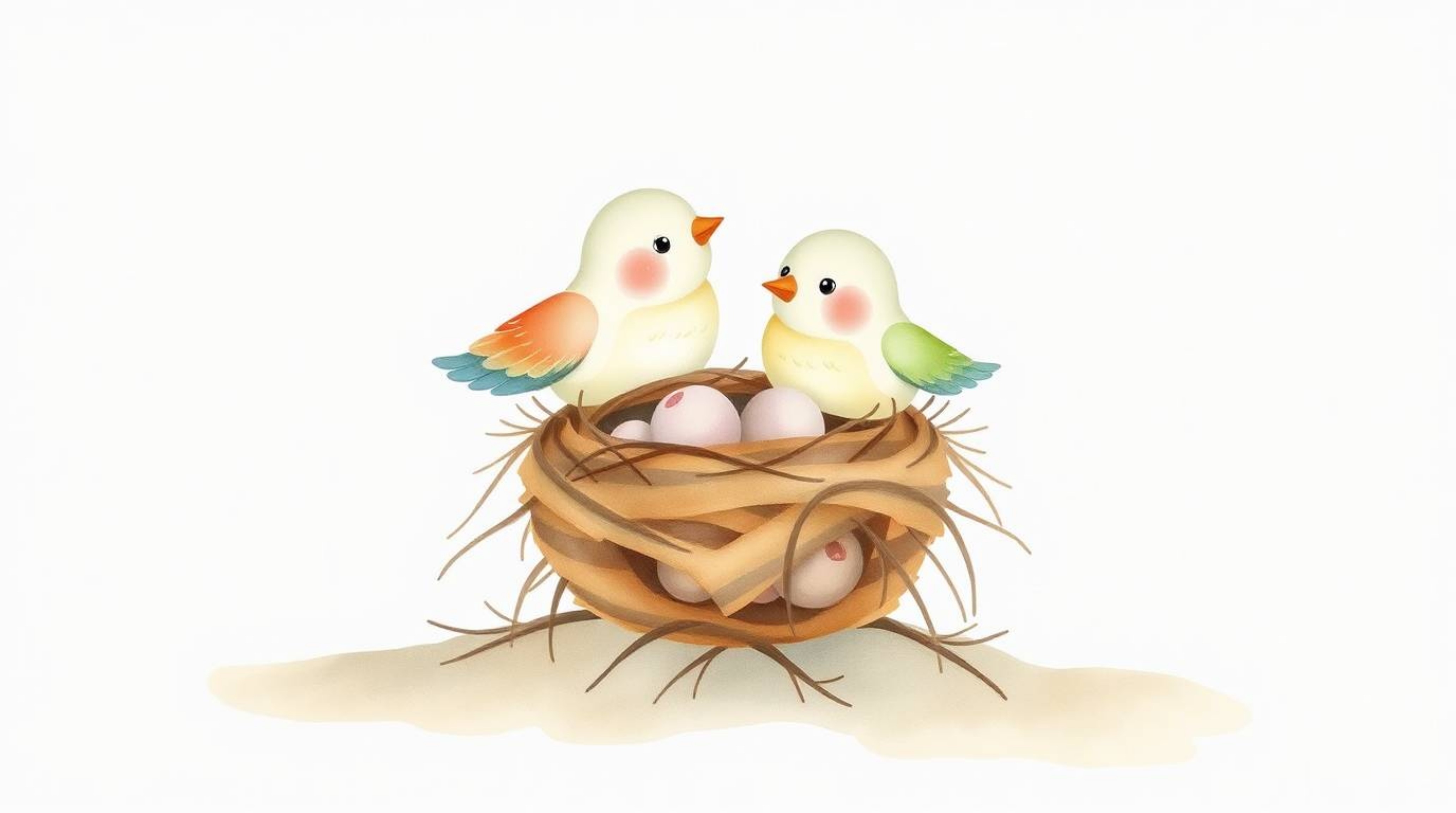 This delicate watercolor painting showcases two charming cartoon birds diligently building their nest, rendered in a classic