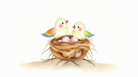 This delicate watercolor painting showcases two charming cartoon birds diligently building their nest, rendered in a classic