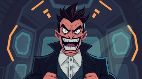 A villain experiences a hilarious breakdown within the confines of a high-tech lair, rendered in a strong, moody style utiliz
