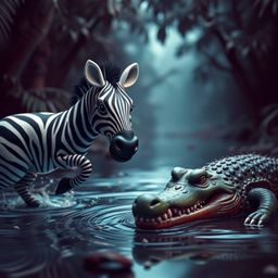 An extreme macro close-up captures a 3D cartoon zebra in a daring escape from a crocodile near a lush jungle river. The scene