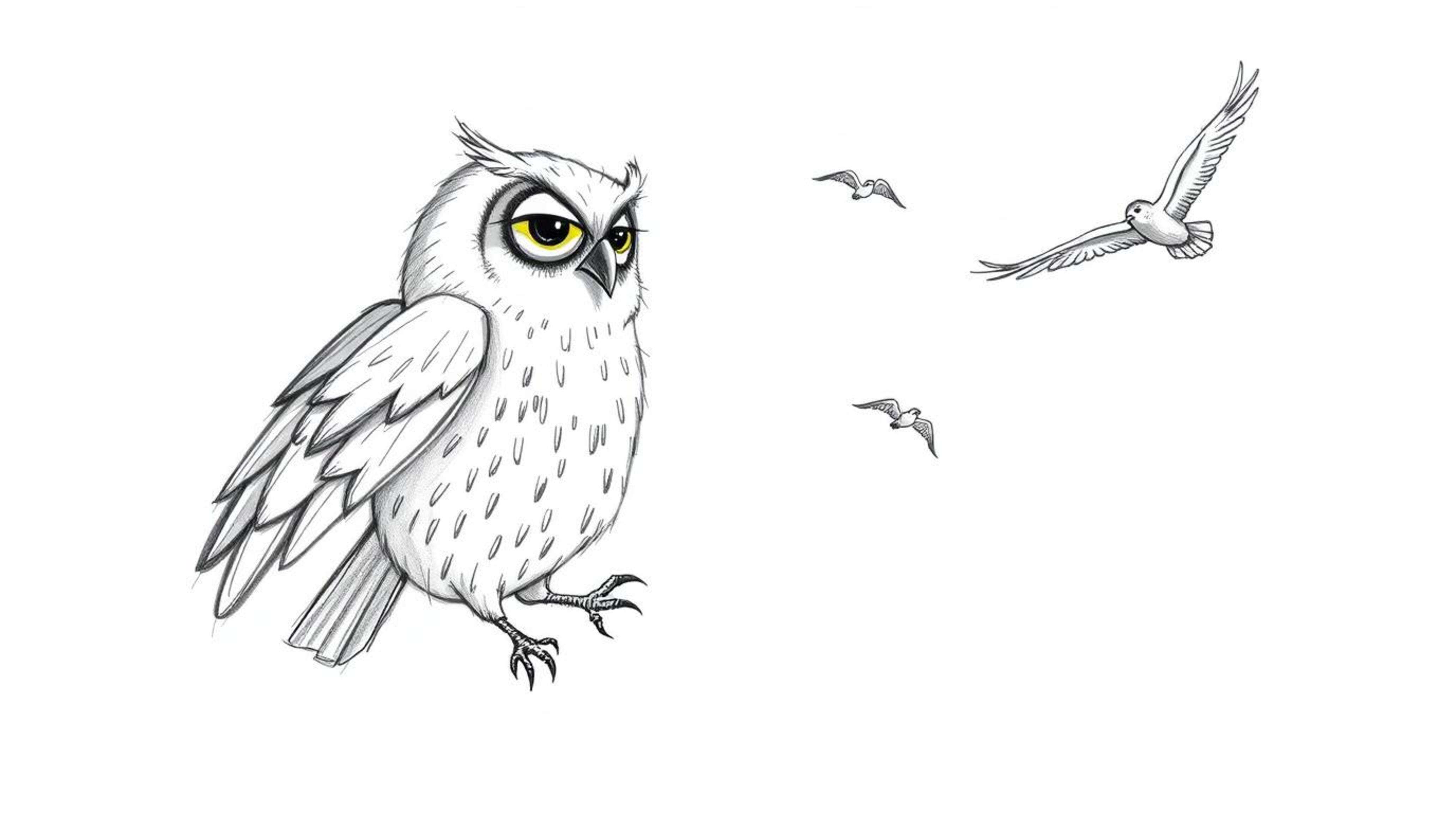 A heartwarming hand-drawn sketch in the style of Pixar depicts a blind owl with textured pencil strokes, teaching birds to fl