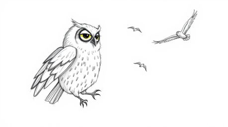 A heartwarming hand-drawn sketch in the style of Pixar depicts a blind owl with textured pencil strokes, teaching birds to fl