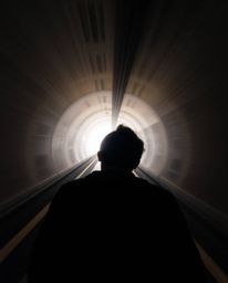 A captivating low-angle, long-exposure photograph featuring a person gazing upward towards the light at the tunnel's end. The