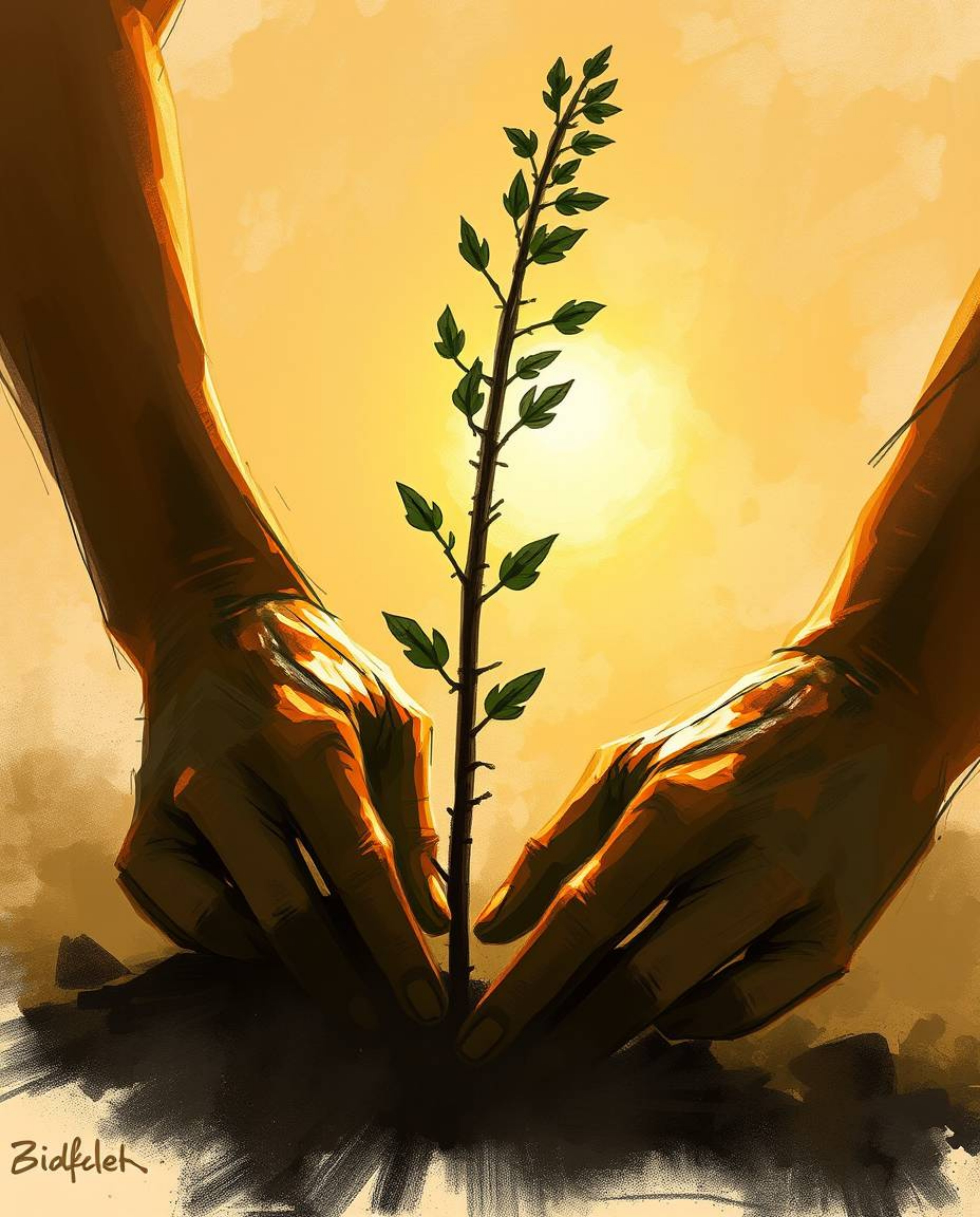 A captivating digital sketch showcases hands delicately planting a tree under a breathtaking golden sky. The artwork features