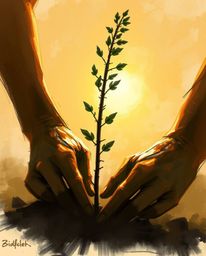 A captivating digital sketch showcases hands delicately planting a tree under a breathtaking golden sky. The artwork features