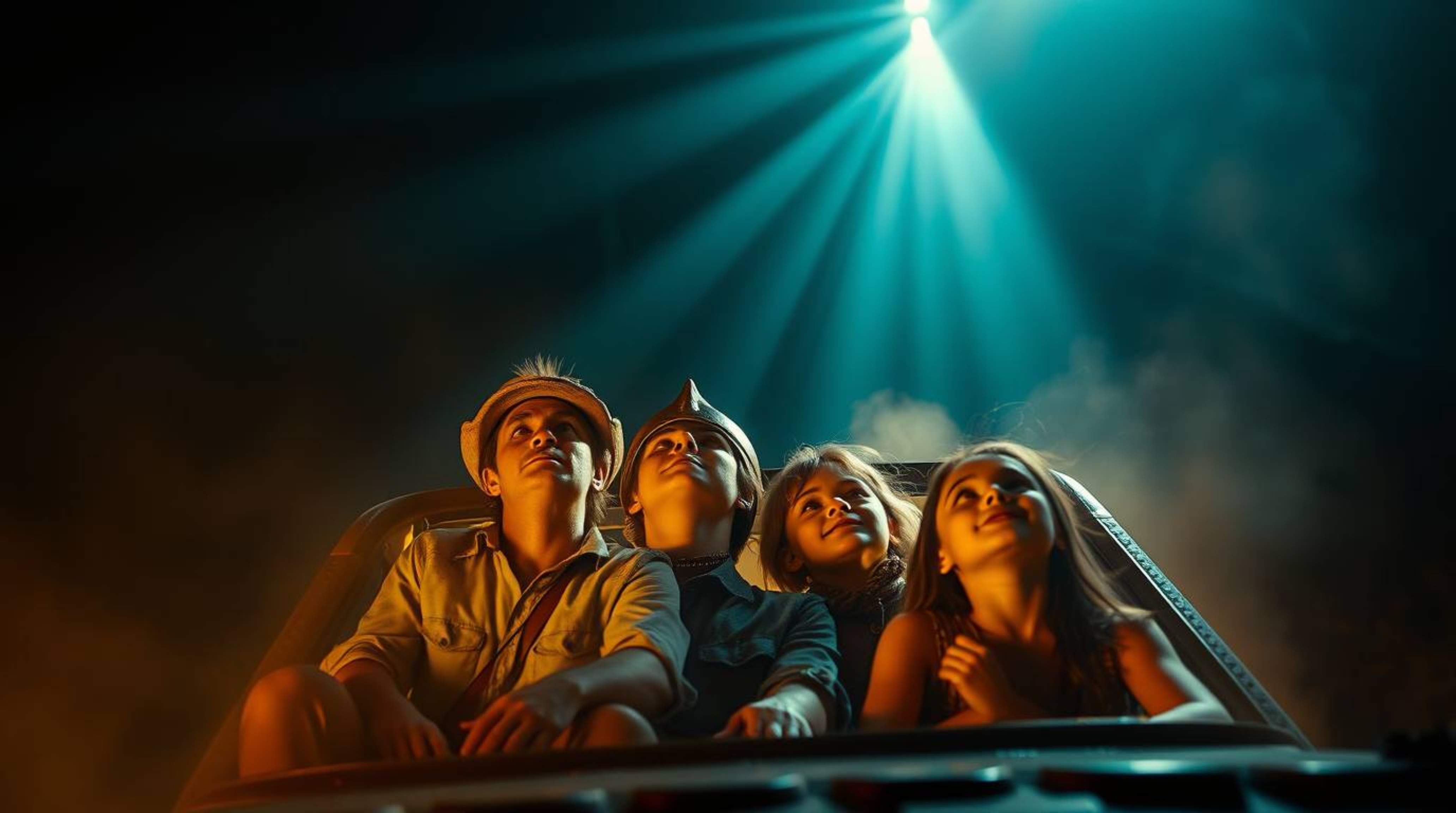 Experience a breathtaking scene where a prehistoric family, riding in their dinosaur car, gazes upward in awe. Volumetric lig