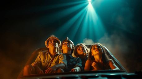 Experience a breathtaking scene where a prehistoric family, riding in their dinosaur car, gazes upward in awe. Volumetric lig