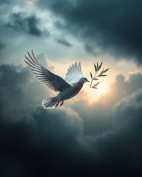 A captivating digital art piece depicts a dove carrying an olive branch amidst a turbulent, stormy sky.  The image features s