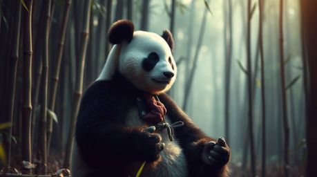 A high-resolution stock photo showcasing a serene panda martial artist meditating amidst a misty bamboo forest.  The image ev