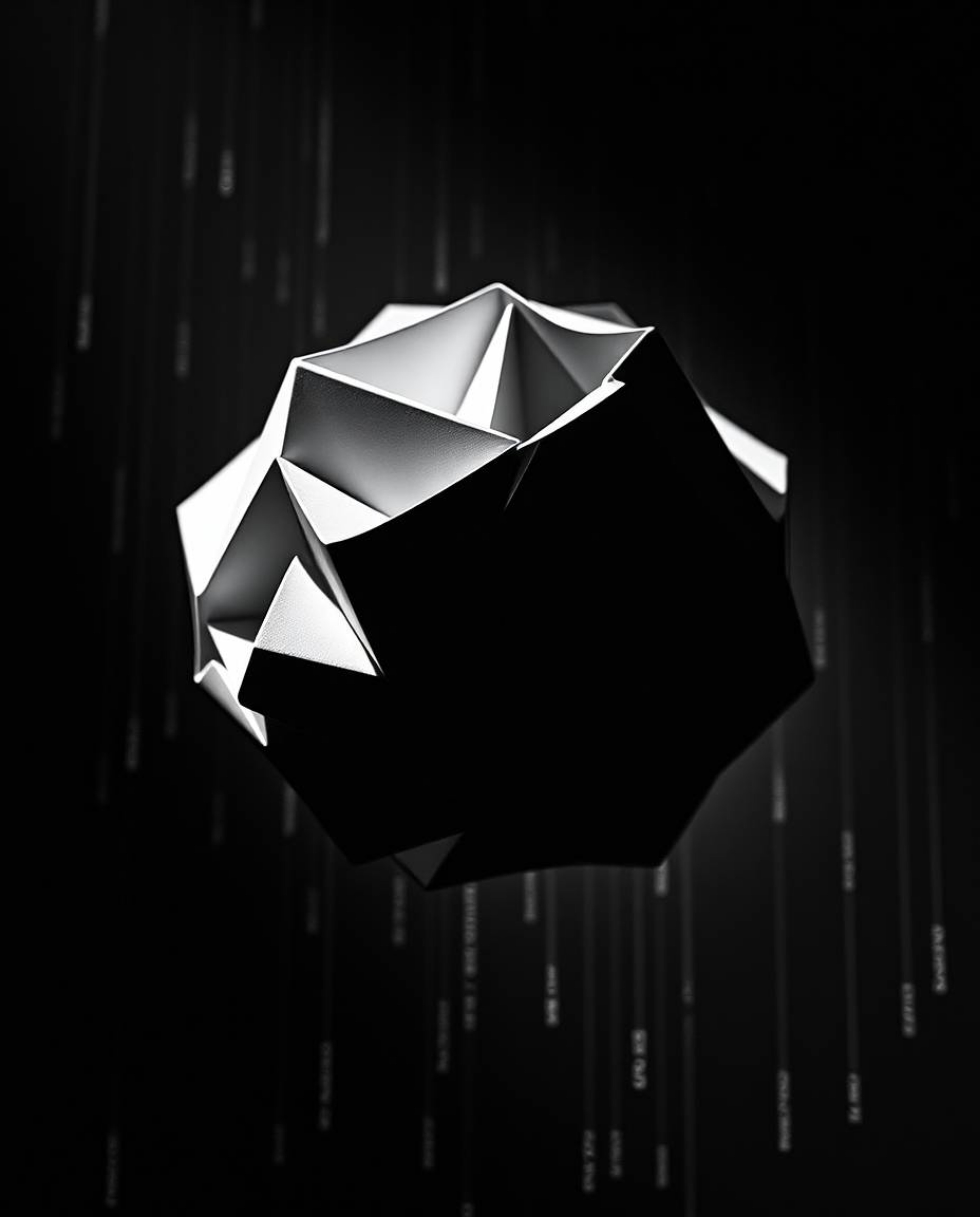 A captivating black and white image depicts intricately folded origami-style geometric shapes, exhibiting a glitched aestheti