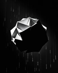 A captivating black and white image depicts intricately folded origami-style geometric shapes, exhibiting a glitched aestheti