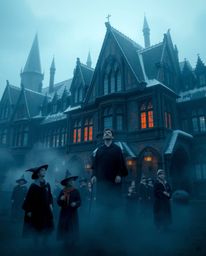 Immerse yourself in a magical school teeming with young wizards, portrayed with sophisticated elegance amidst a thick fog. Th