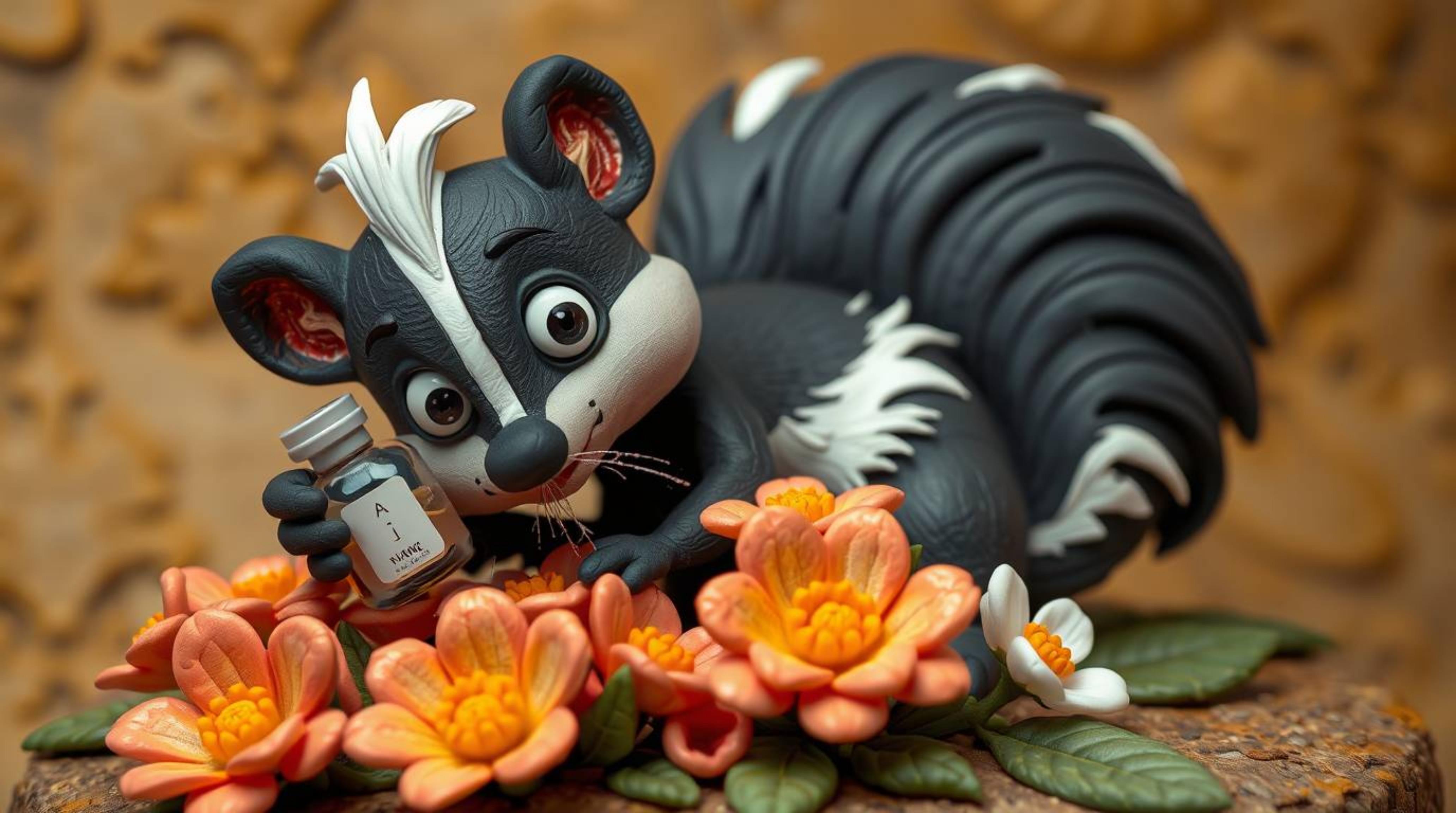 A charming scene featuring a cartoon skunk with expressive eyes delicately spraying perfume on vibrant, blooming flowers. Thi