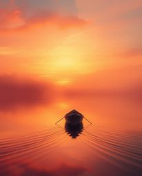 An ethereal and spiritual image depicts a boat drifting on a lake at sunset. The scene is saturated with the warm colors of r
