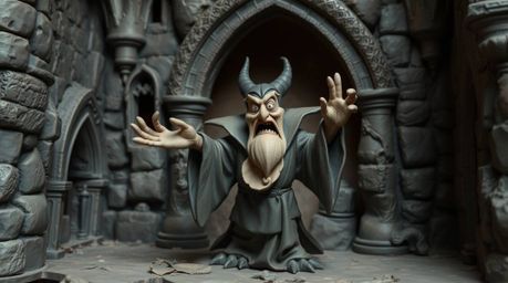 This sculptural clay art piece depicts a classic Disney villain in the midst of casting a spell within the confines of an old