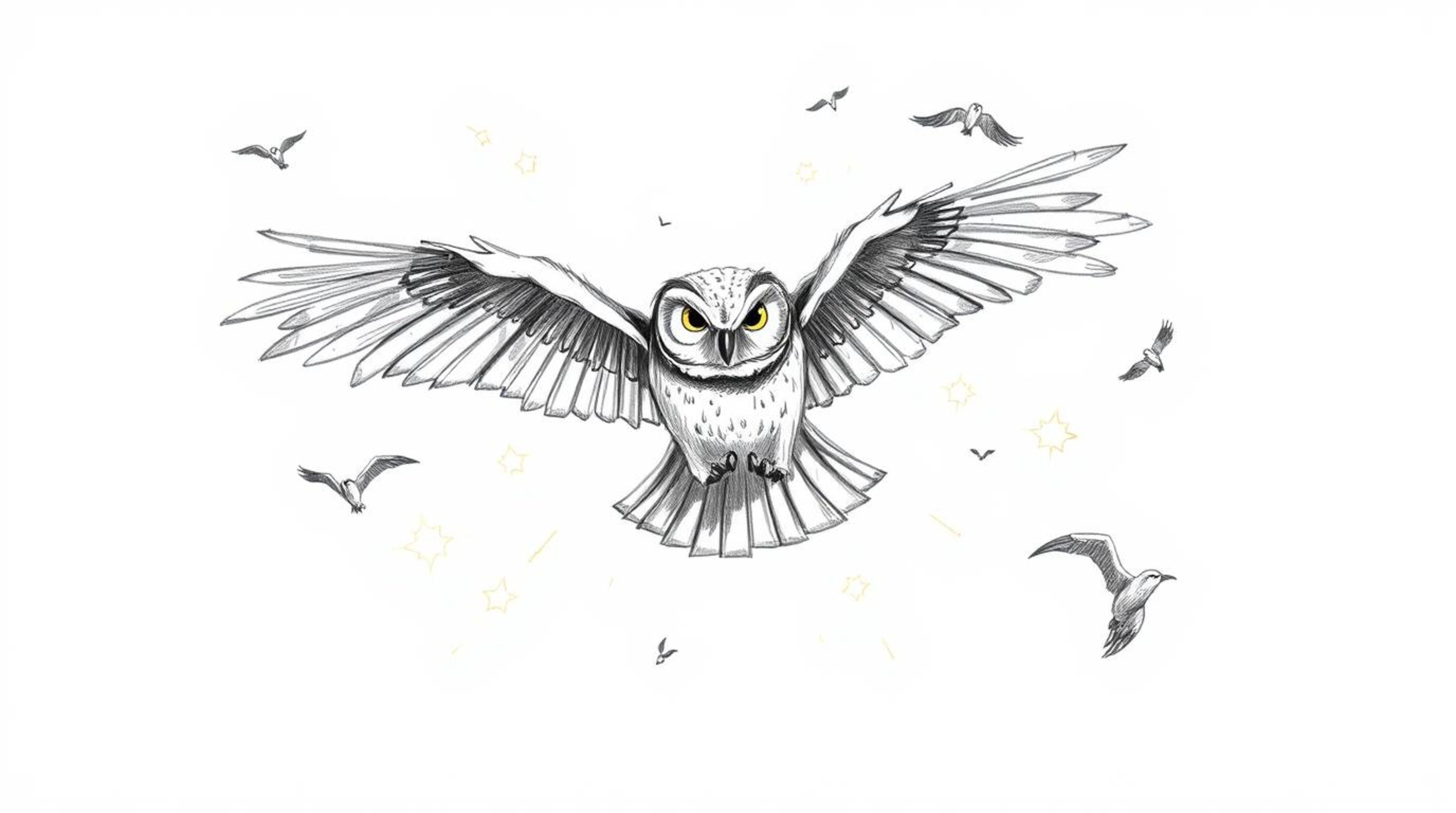 A hand-drawn sketch in the style of Pixar captures a blind owl mid-flight, passionately guiding other birds in the art of fly