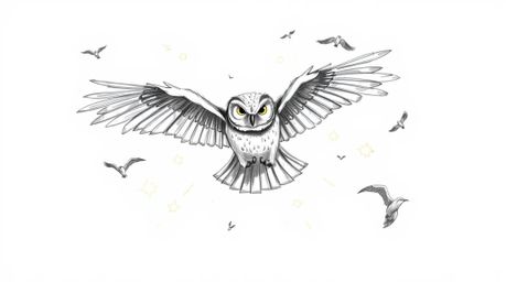 A hand-drawn sketch in the style of Pixar captures a blind owl mid-flight, passionately guiding other birds in the art of fly
