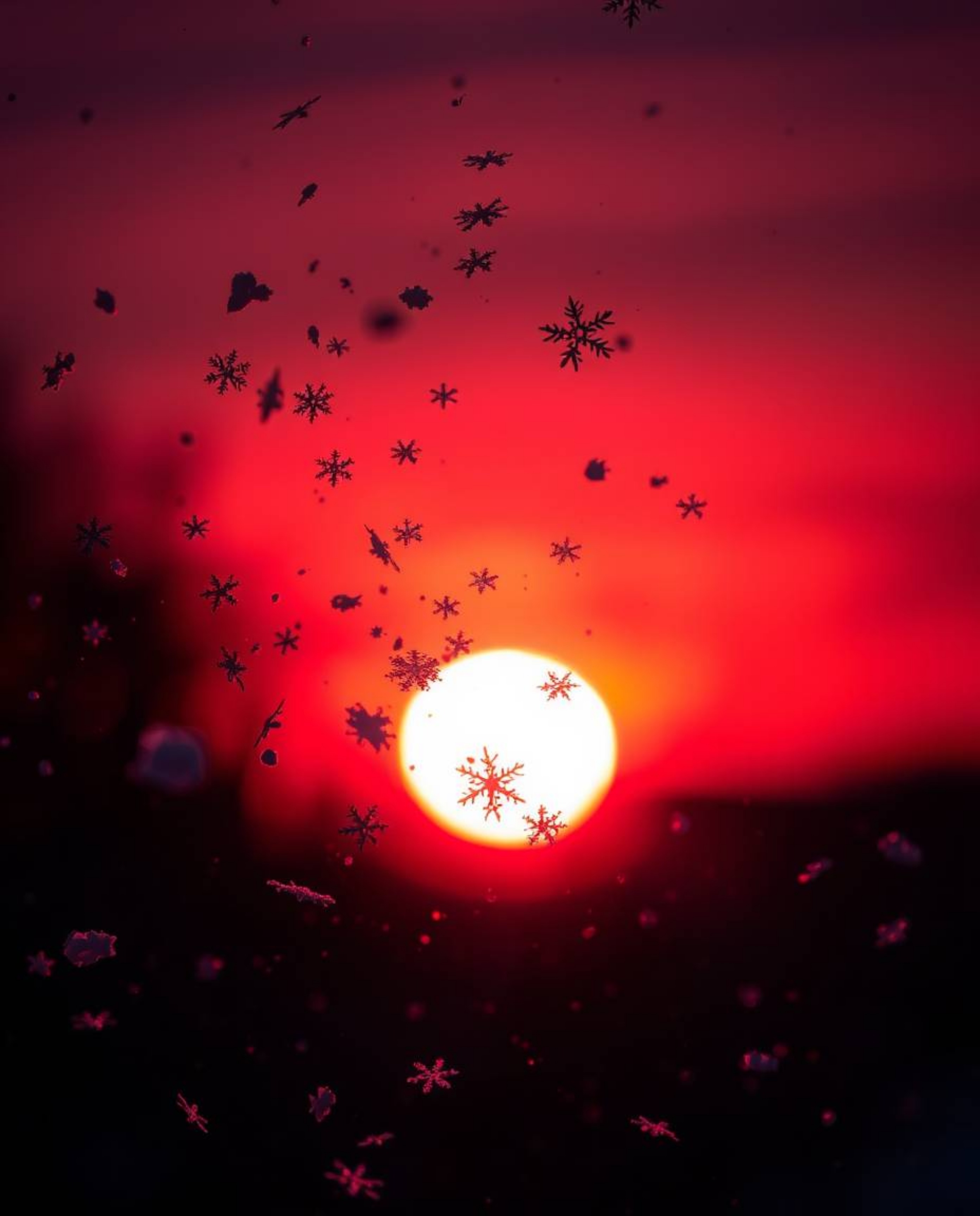A striking image captures silhouetted snowflakes falling during a vibrant sunset, distinguished by its deep ultraviolet hues.