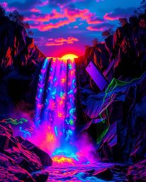 This is a creative light art piece depicting a sun setting behind a dramatic waterfall. The scene is dominated by vibrant, el