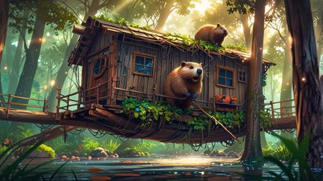 In a dynamic and joyful scene, rendered in a beautiful fusion of Pixar and anime styles, a kind beaver has not only built the