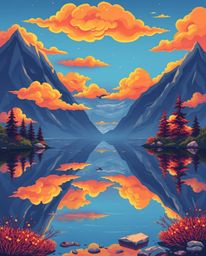 This is a charming and cute illustration depicting the reflections of fiery clouds in a serene mountain lake. The artwork use