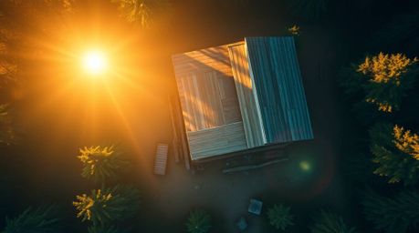 Experience the tranquility of a sun-drenched forest at sunset with this stunning aerial shot.  A soft cinematic haze envelops