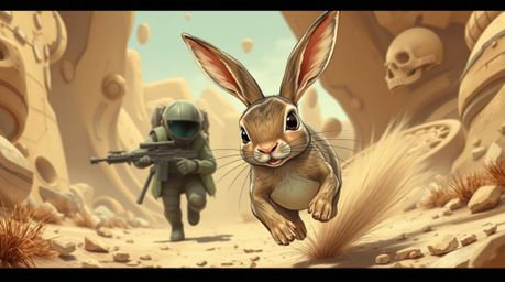 A wacky rabbit with sleek, futuristic features is on the run from a hunter amidst a backdrop of advanced technology and space