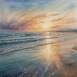 This beautiful watercolor painting captures the serene atmosphere of a quiet beach at sunrise. The soft blending of the sky a
