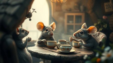 A charming scene depicts anthropomorphic mice enjoying tea in a cozy cottage, brought to life with a blurred bokeh effect and