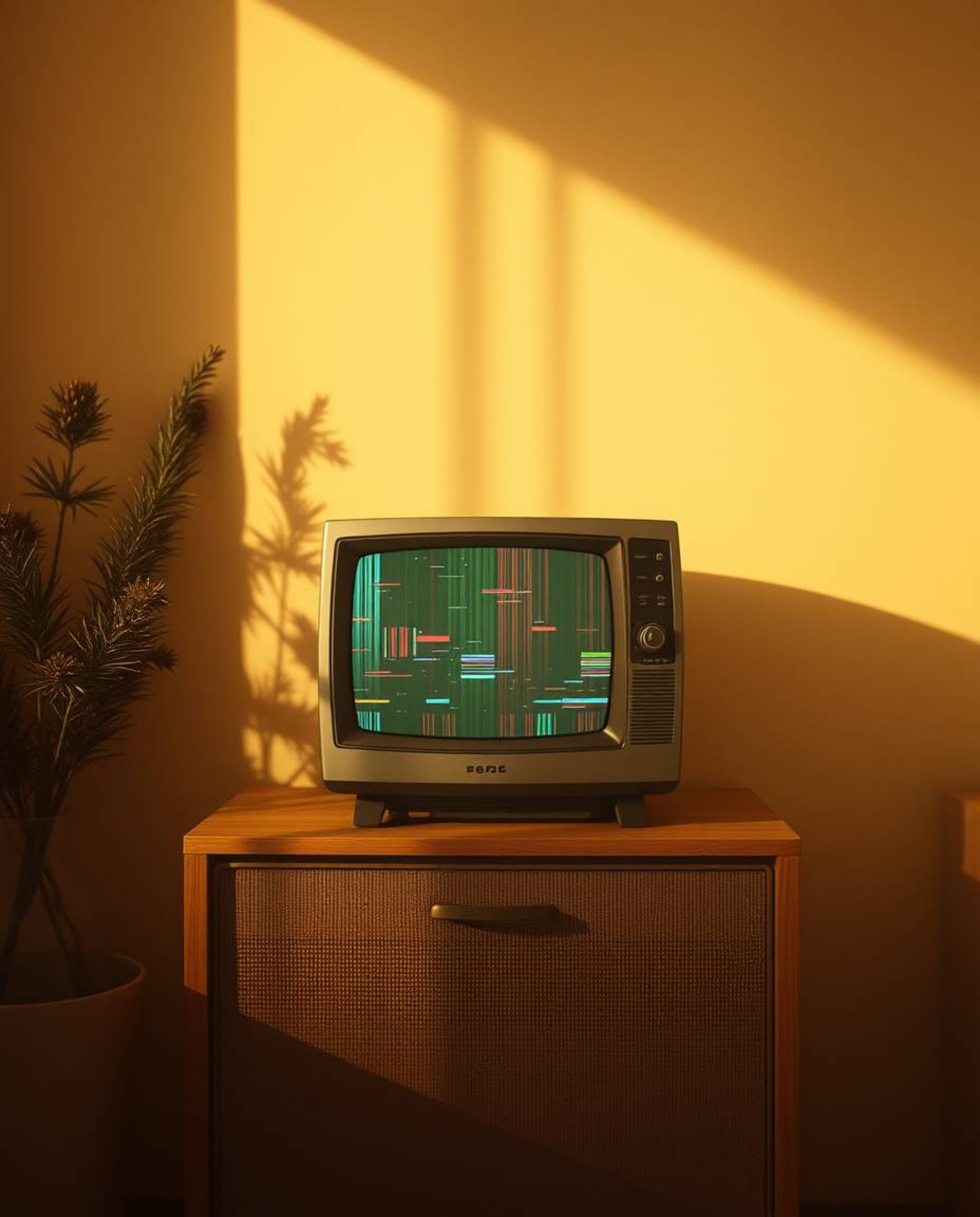 Immerse yourself in a soft and dreamy atmosphere rendered in natural earth tones, showcasing a captivating TV screen with RGB