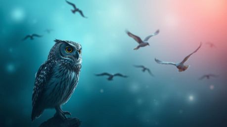 An ethereal and spiritual scene captured in a cinematic long exposure photograph.  Imagine a Pixar-esque blind owl, serene an