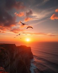 A high-resolution stock photo depicting a stunning sunset over a coastal cliff with soaring birds. This image utilizes vibran