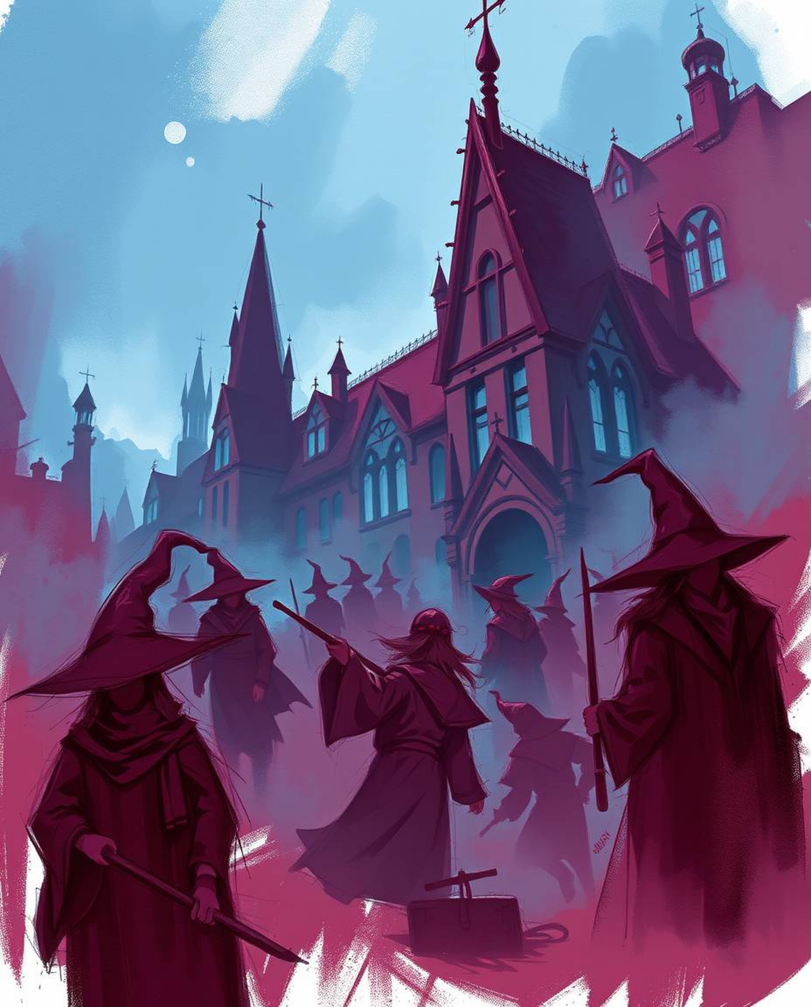 A captivating digital sketch depicts a magical school brimming with young wizards. Rendered in rich burgundy and deep blue hu